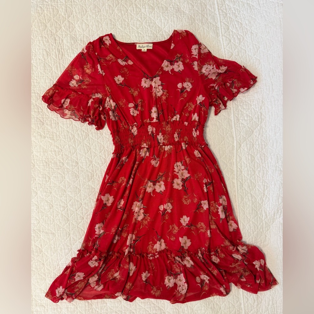 Red Floral Smocked Waist Dress